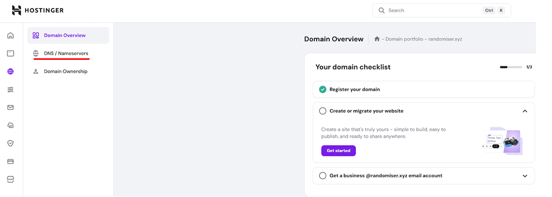 Hostinger DNS settings navigation showing where to find DNS Zone Editor