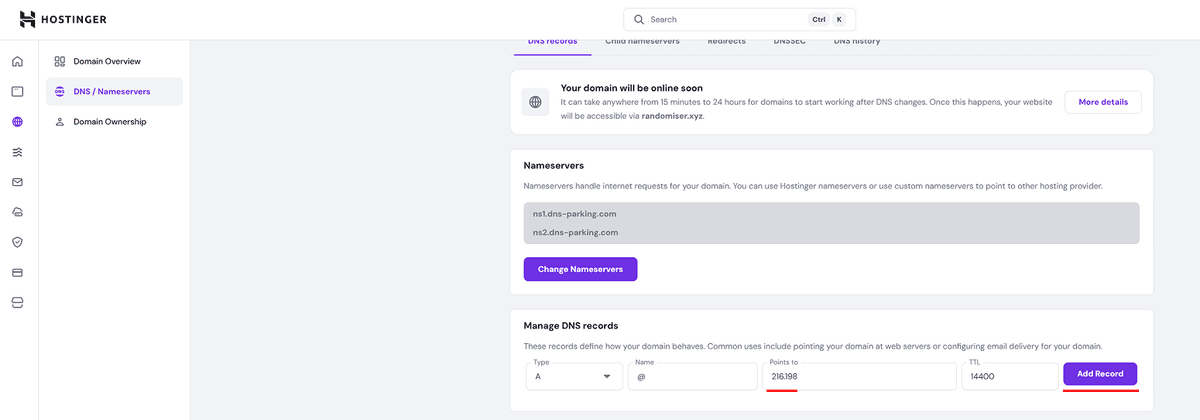 Hostinger DNS record creation interface showing how to add DNS records