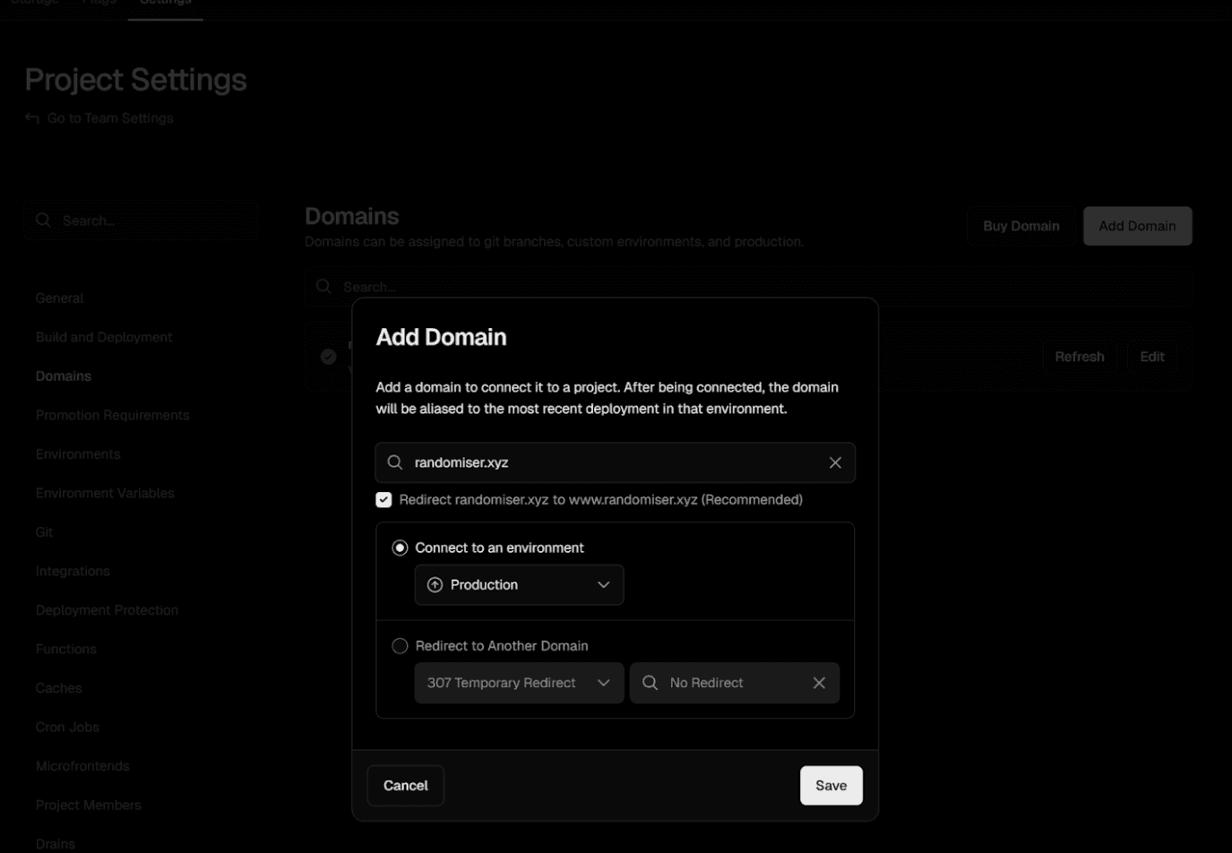 Vercel Add Domain dialog showing how to add a domain to a project